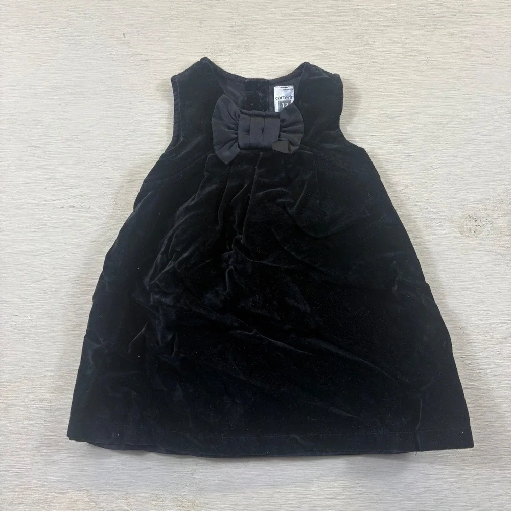 Carters Baby Girl 12 Months Black Velvet Dress Diaper Cover Set Bow Holiday